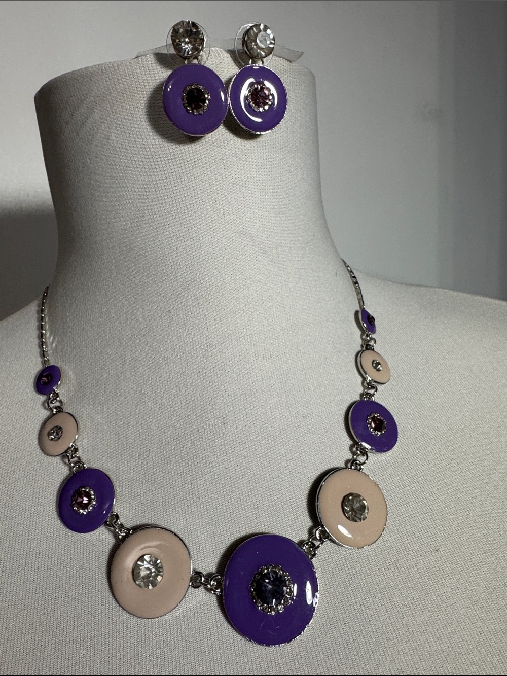 Purple & Cream Enameled Necklace and Earrings Set